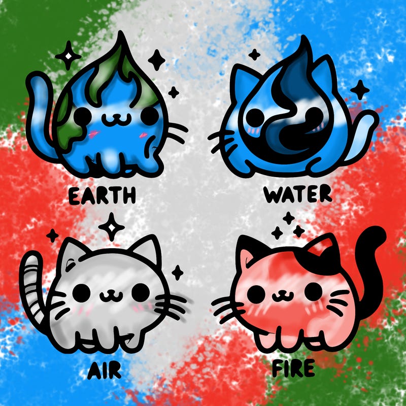 4 cats that represent the different elements, earth, water, air, and fire