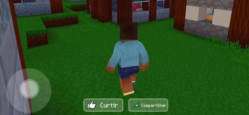 A 3D block character walking through a custom-built village in a voxel world
