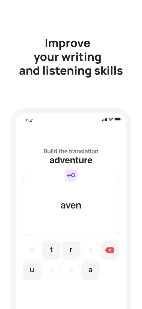 Interface of the 10 Minute Spanish app showing a word building and translation exercise for writing and listening skills