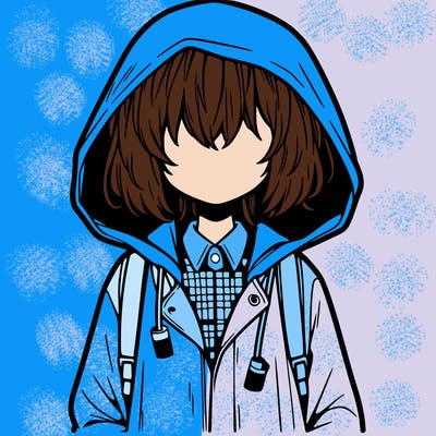 little anime girl in a raincoat her hair is covering her eyes she has a lighter