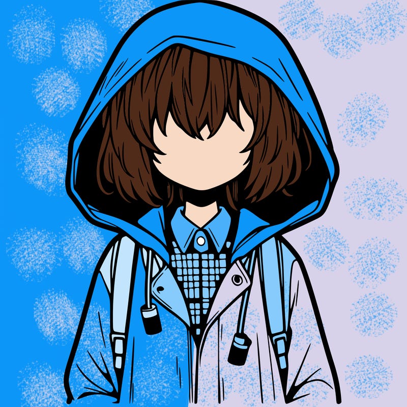 little anime girl in a raincoat her hair is covering her eyes she has a lighter