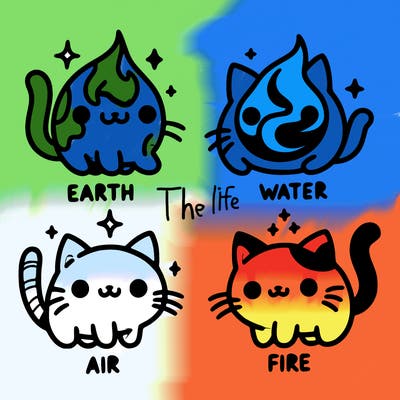 4 cats that represent the different elements, earth, water, air, and fire