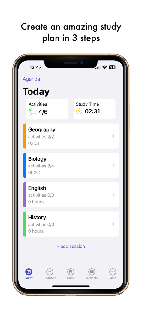 Easy Study - Timetable Planner - Easy Study app daily agenda showing study activities and time tracker on iPhone