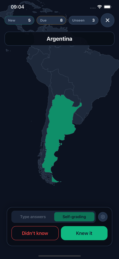 Geography quiz screen in the GeoWiz app showing Argentina highlighted on a map of South America.