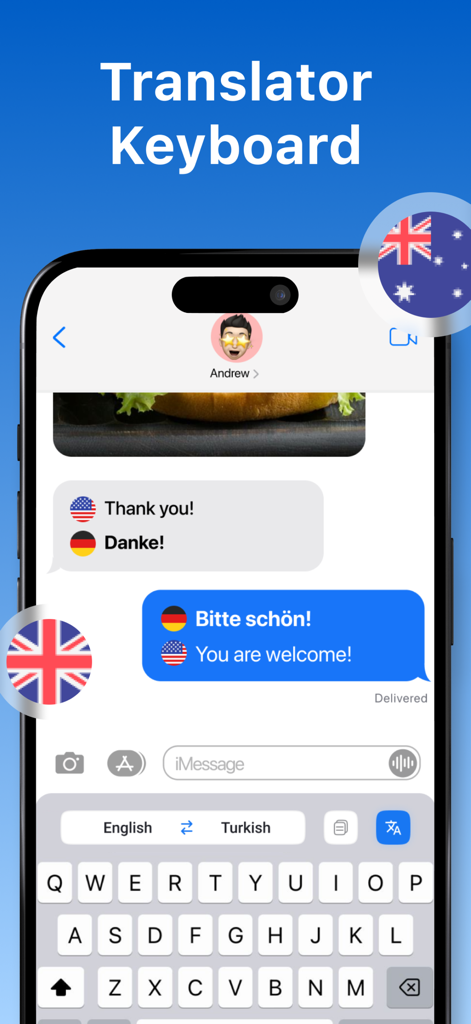 Clavier de traduction IA utilisé dans une application de messagerie pour traduire du texte anglais et allemand en temps réel