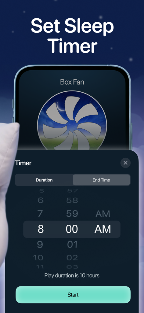 A smartphone screen showing the sleep timer interface for the Bedtime Fan app with an end time set to 8 AM