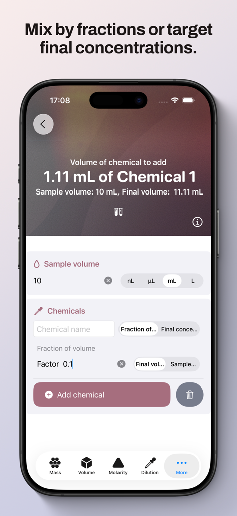 Lab Mate — Molarity & Dilution - 化学混合物と体積計算インターフェースが表示されているLab Mateアプリの画面