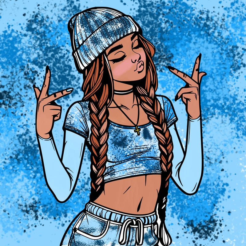 realistic teenage girl with braids and a beanie and crop top doing 🫶🏼