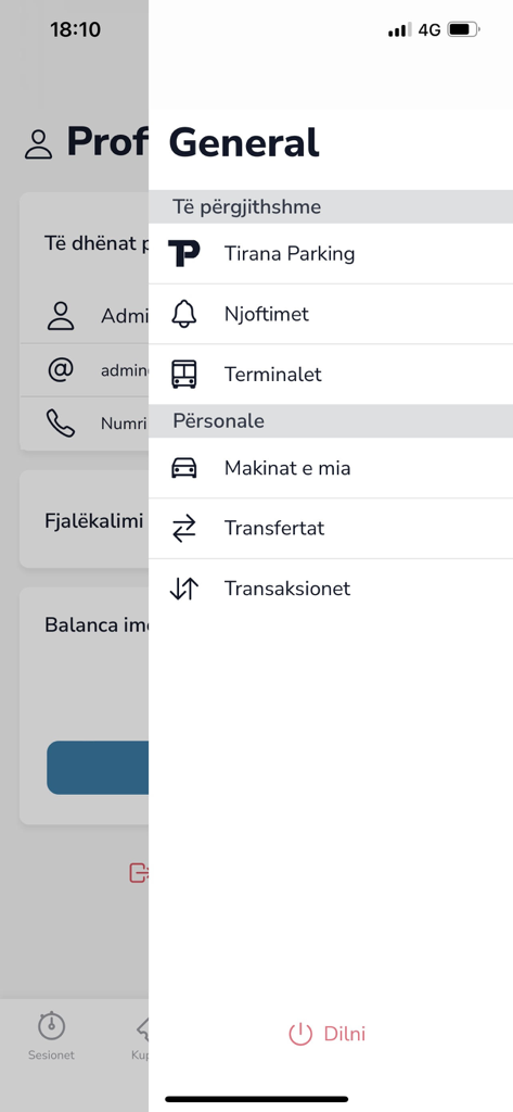 Tirana Parking - Side menu of the Tirana Parking mobile app showing general and personal account settings.