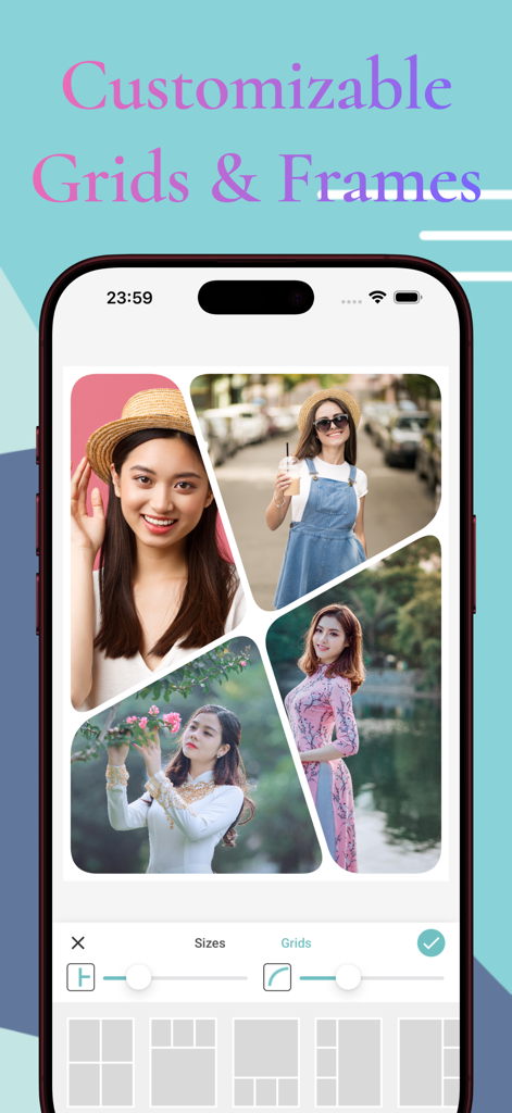 Pic Collage: AI Layout Maker - Screenshot of Pic Collage app showing customizable photo grids and frames with slider adjustments for corner rounding and size.