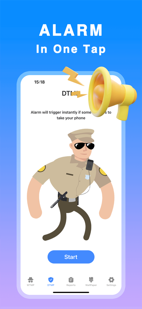 Mobile App-Oberfläche, die einen Ein-Tipp-Alarm-Aktivierungsbildschirm mit einem Cartoon-Sicherheitsmann und einer Start-Schaltfläche zeigt