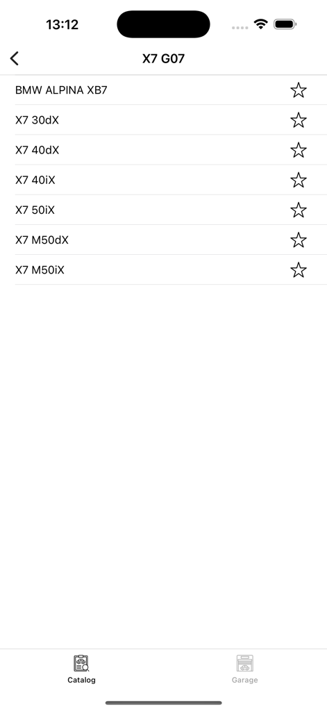 Liste des modèles de voitures BMW X7 G07 dans l'application de catalogue de pièces