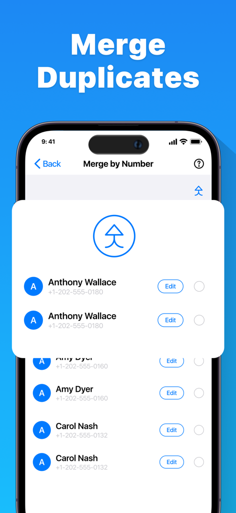 Interfaz de la aplicación Contacts Sync que muestra la función de fusionar duplicados por número de teléfono para la organización de contactos