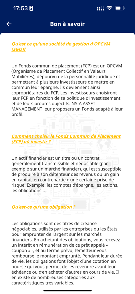 NSIA INVEST - Educational page of the NSIA INVEST app with information on mutual funds and bonds.