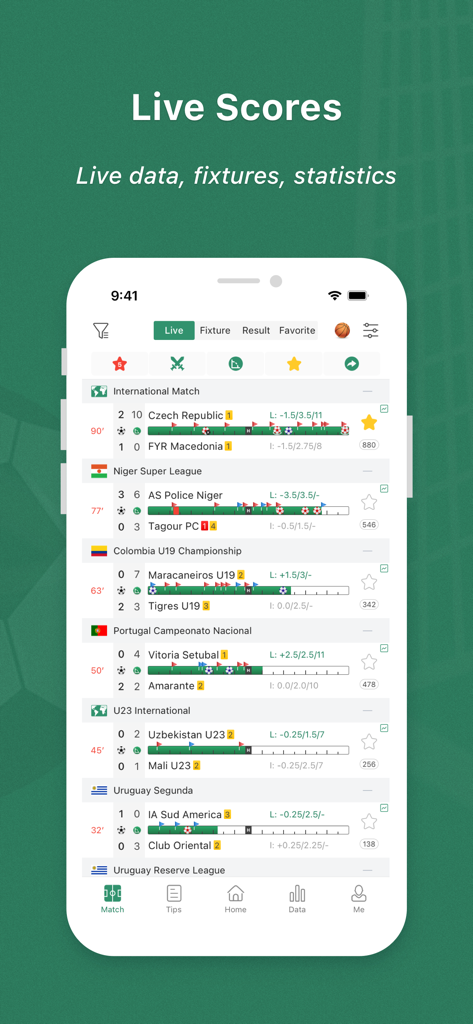 Scoremer app mobile interface displaying real-time soccer scores and match statistics