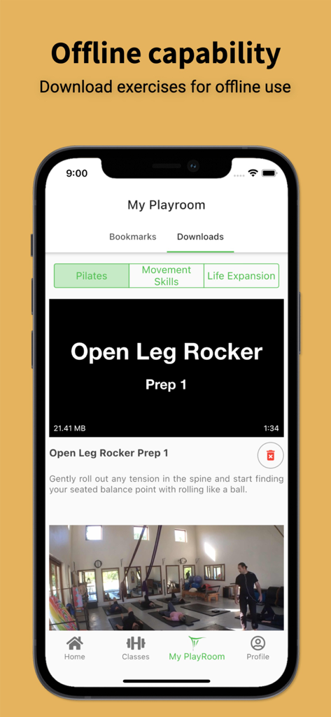 Xtreme Pilates - Interfaz de la aplicación Xtreme Pilates que muestra la función de descargas sin conexión con un video para el ejercicio Open Leg Rocker.