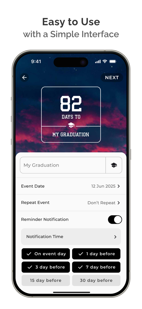 Interfaz para crear un evento de cuenta atrás para la graduación con configuraciones de notificación.