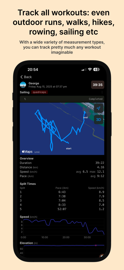 Titan Workout Tracker - Titan app interface showing a sailing session with GPS map and workout statistics like distance and speed