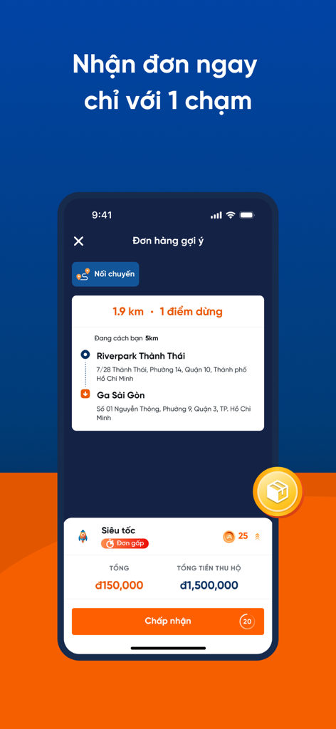Tài xế Aha - Ahamove Driver mobile app interface displaying a delivery order request and an accept button