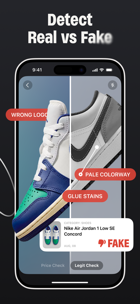 The Thrift AI－Profit Αρρ - Thrift AI app interface showing a legit check feature identifying a fake Nike sneaker by highlighting flaws like wrong logo and glue stains