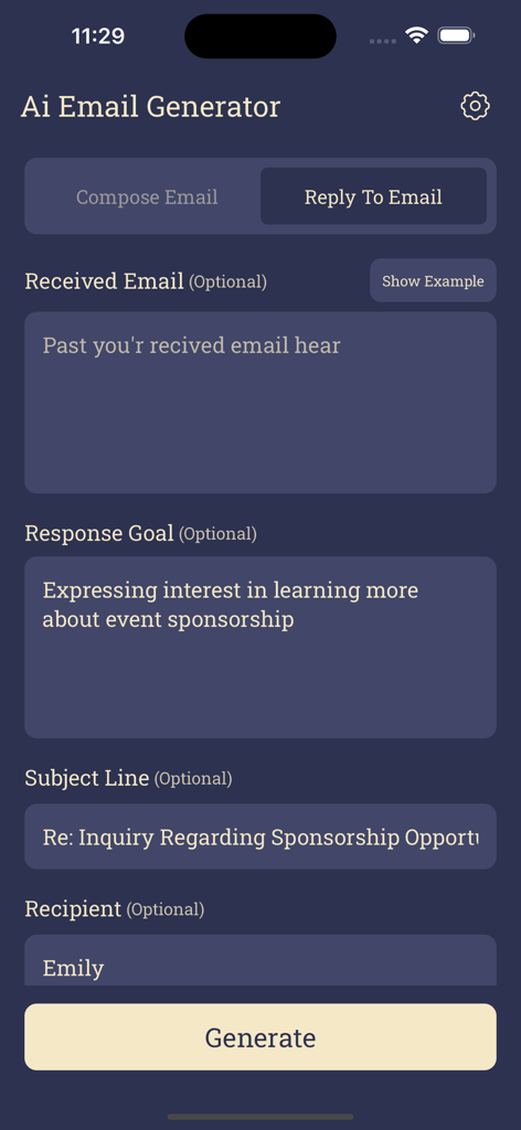 User interface of the AI Email Generator app for replying to emails