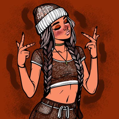 realistic teenage girl with braids and a beanie and crop top doing 🫶🏼