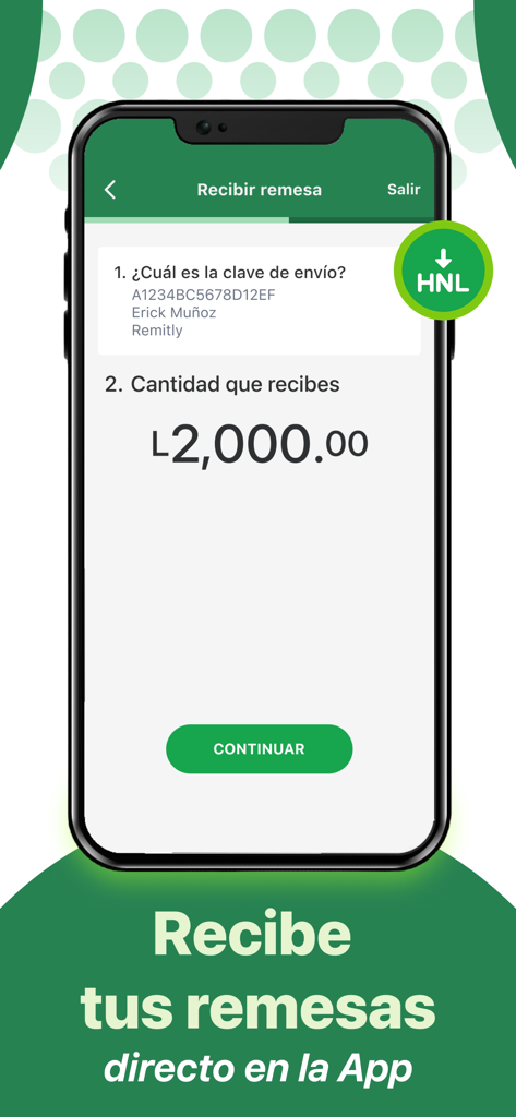 Banco Azteca Honduras - Captura de pantalla de la app de Banco Azteca Honduras mostrando la interfaz de recepción de remesas con un monto de transacción de 2000 Lempiras.