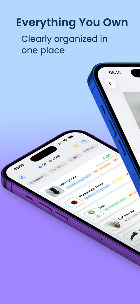 MyThings – Personal Inventory - Captura de pantalla de un smartphone de la aplicación MyThings que muestra una lista de artículos personales organizados como electrónica y herramientas del hogar en un solo lugar.