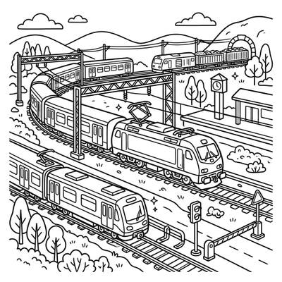 Spark your child's imagination with this exciting coloring page featuring a busy network of electric trains. Little engineers will love bringing this dynamic scene of passenger trains, freight trains, and subways to life with their favorite colors.