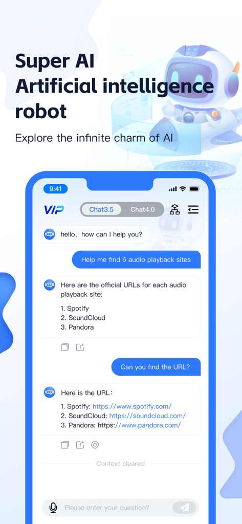ChatGro - AI Assistant - Mobile interface of ChatGro AI Assistant showing a chat response with music website links