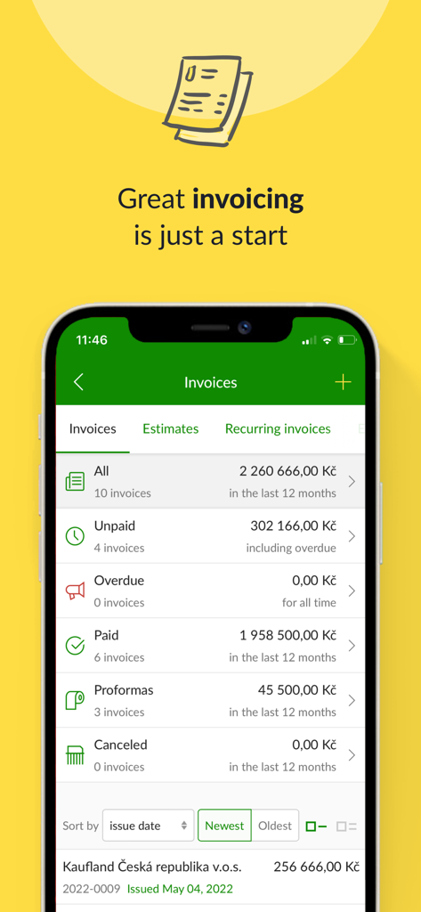 Fakturoid - invoices made easy - Mobile app interface showing an overview of paid and unpaid invoice statuses