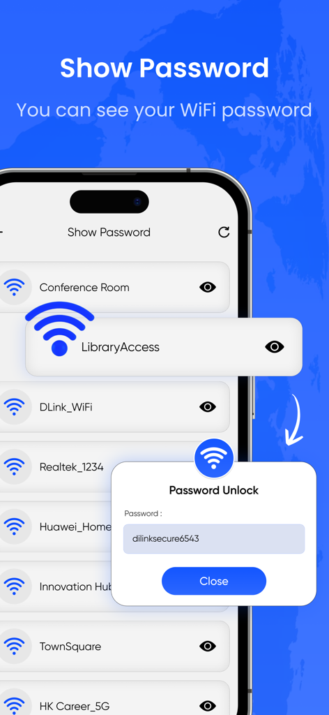Smartphone display showing the WiFi Password View app interface with a list of networks and a revealed password