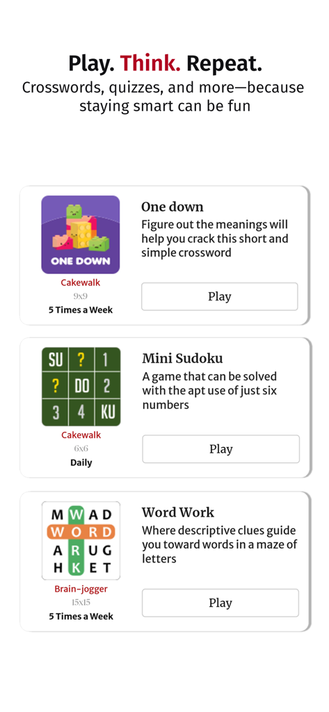 A screen from The Hindu app showcasing puzzles and games like crosswords and sudoku.