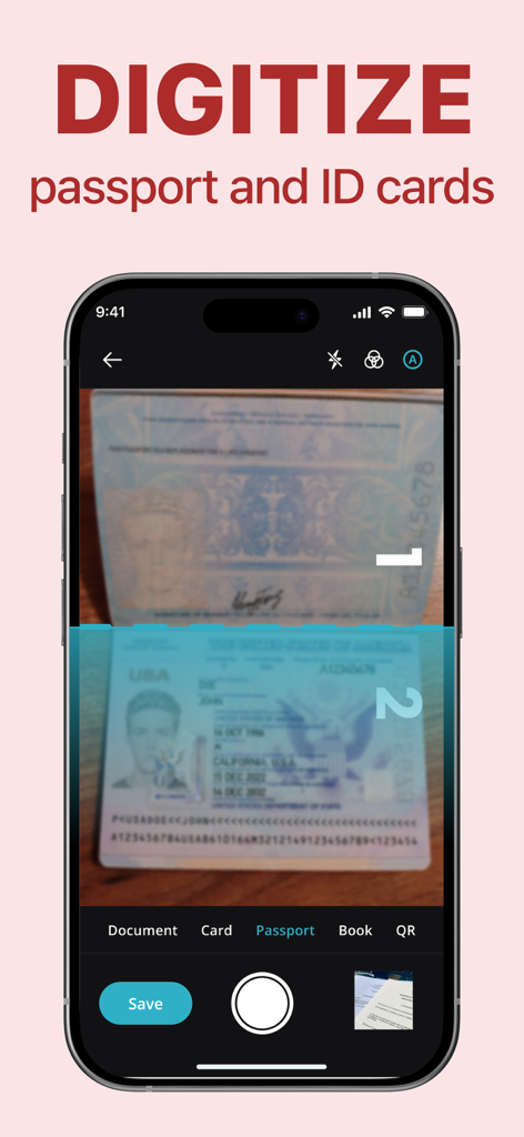 PDF Scanner & Document Editor - Interface d'une application mobile affichant la fonction de numérisation pour numériser passeports et cartes d'identité.