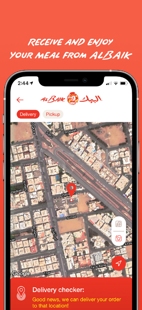 ALBAIK - ALBAIK mobile app interface showing a delivery location on a map with a confirmation message