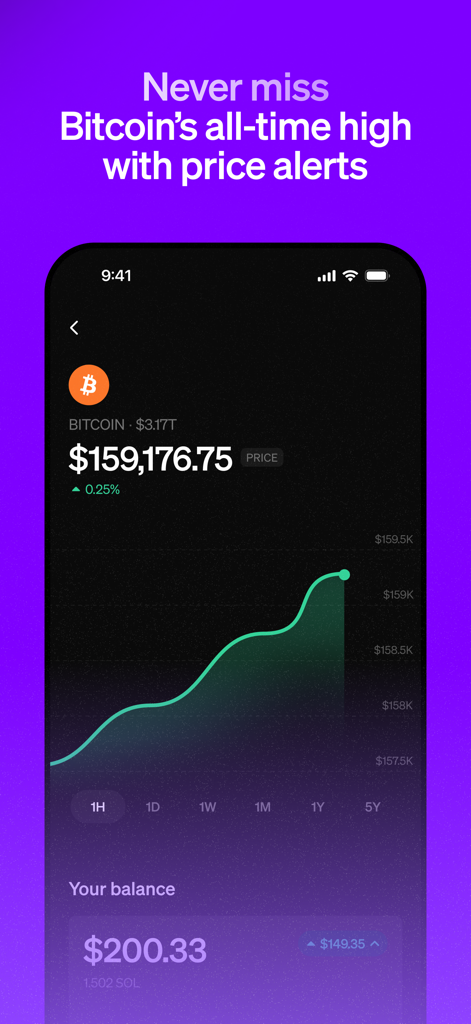 MoonPay: Buy Crypto & Bitcoin - Uno screenshot dell'app MoonPay che mostra un grafico dei prezzi di Bitcoin e le funzionalità di notifica degli avvisi di prezzo