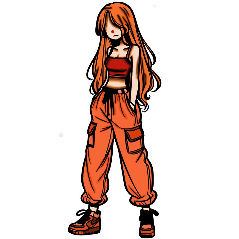 girl in baggy pants crop top and long hair