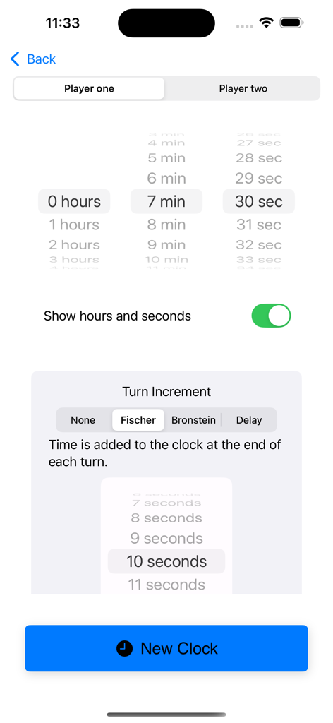 Chess Timer - Chess Timer app screen for configuring game time and turn increments like Fischer