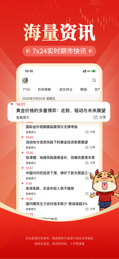 大智慧期讯通-期货行情资讯交易平台 - A real-time 24/7 news feed for global futures and commodity markets on the DZH mobile app interface.