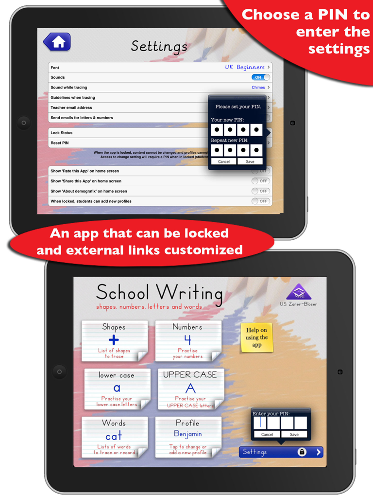 School Writing - learn the abc - Interfaz de la aplicación School Writing que muestra la configuración de seguridad del PIN del profesor y las categorías educativas principales en dos iPads.