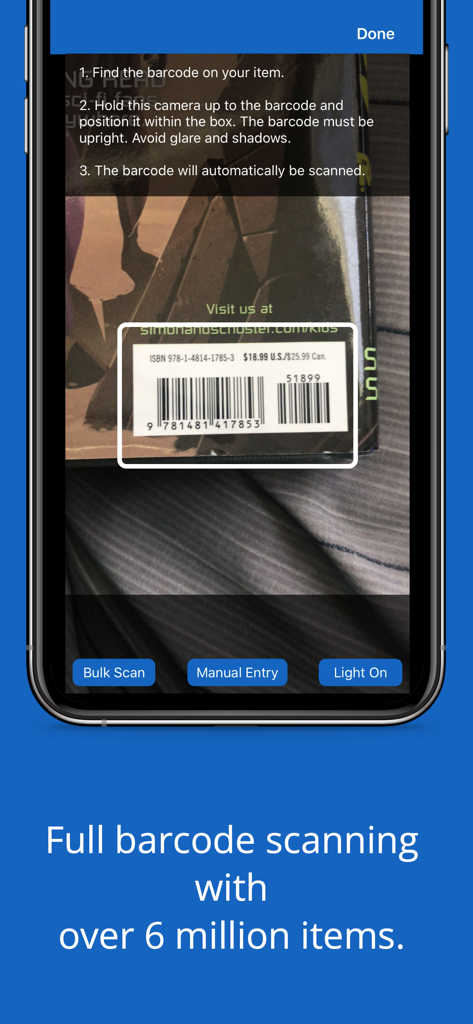 iCollect Comic Books - Keys - Tela do iPhone mostrando o recurso de escaneamento de código de barras do aplicativo iCollect Comic Books com um quadrinho sendo escaneado.