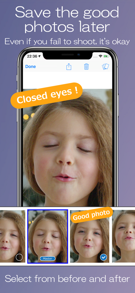 Photo++ ! - Interfaz de la aplicación Photo plus que muestra cómo elegir un fotograma perfecto de momentos antes y después de tomar una foto para corregir ojos cerrados