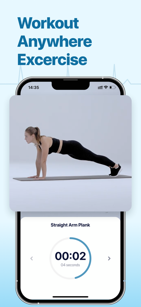 Heart Mate app interface showing a woman performing a straight arm plank with an exercise timer