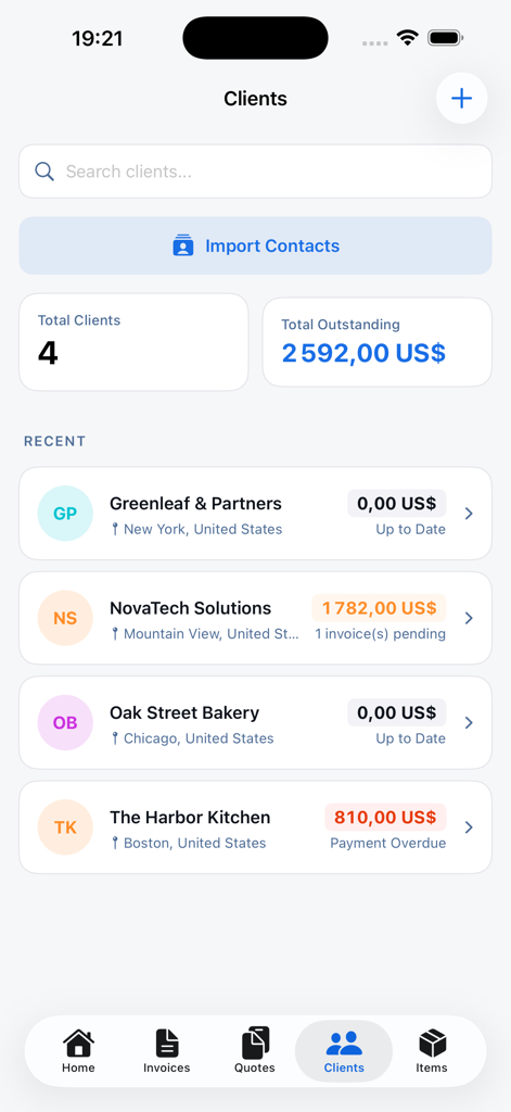 Invoice Maker & Estimate App • - Dashboard view of the Invoice Maker app showing client list and total outstanding payment tracking.