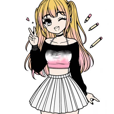 cute manga teen girl wearing a pleated mini skirt and a crop top with straight hair in a high pony winking