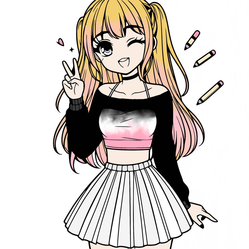 cute manga teen girl wearing a pleated mini skirt and a crop top with straight hair in a high pony winking