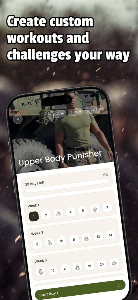 Military Fitness: Army Workout - Pantalla de la aplicación de entrenamiento del ejército que muestra un calendario de desafío de castigador de tren superior de 30 días