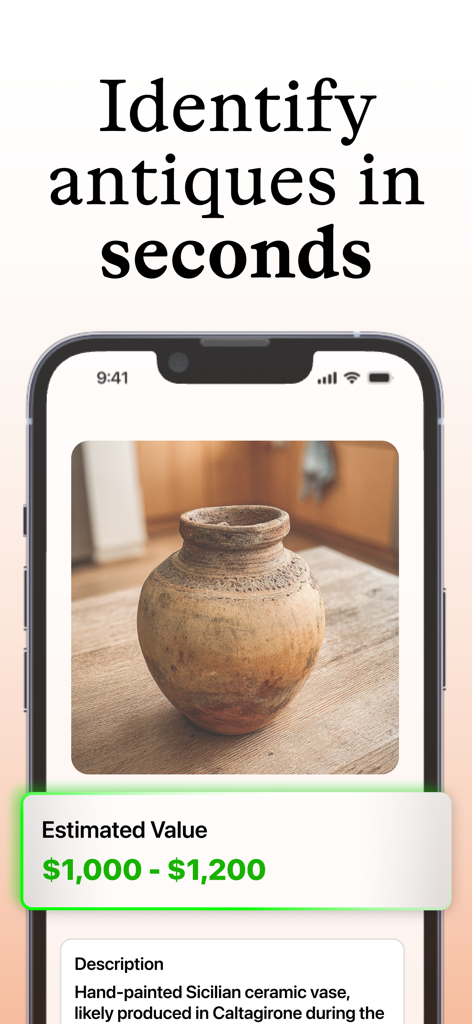 Antique Identifier Relic app scanning a ceramic vase showing an estimated value of one thousand dollars