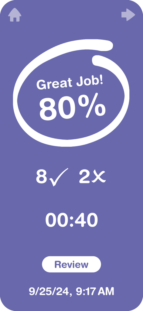Math flash cards app score screen showing eighty percent correct results and a review button
