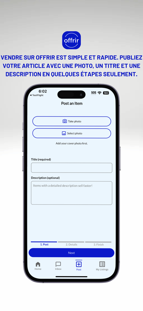 Offrir - Achetez,Vendez,Louez - 사진 업로드 및 제목과 설명 추가 필드가 있는 Offrir 앱의 상품 등록 화면.